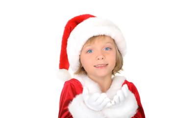 Cute little Santa is giving a gift