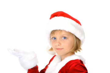 Cute little Santa is giving a gift