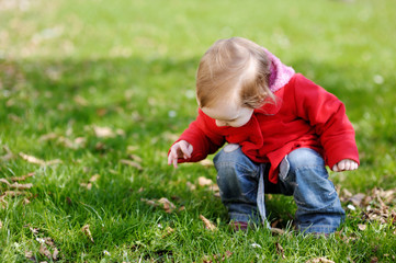 Naklejka na ściany i meble Adorable toddler in an autumn park