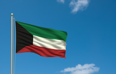 Fototapeta na wymiar Flag of Kuwait waving in the wind in front of blue sky