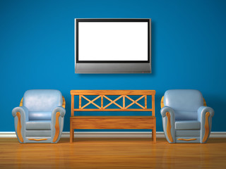 Two chairs with wooden bench and lcd tv