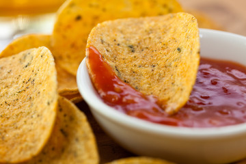 Closeup of chips with salsa sauce