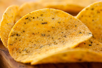 Closeup of chips with herbs