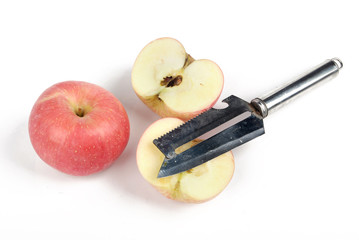Red apples with knife on white bckground