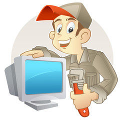 technician holding monkey wrench and PC monitor