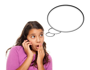 Shocked Hispanic Teen Aged Girl on Phone with Blank Thought Bubb