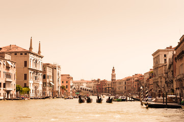 Gondolas on Grand Canal in Venice. Vintage styled photo