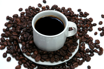 Cup of coffee and coffee beans