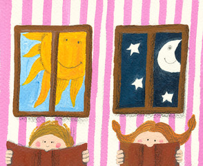 Boy and girl reading book