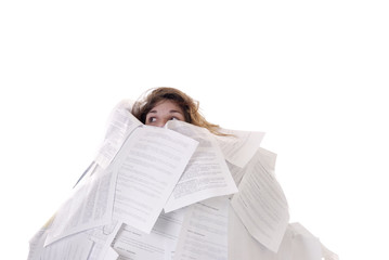 business concept:young woman drowning in papers