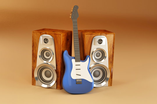 Guitar and louspeakers on yellow background