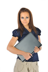 girl with laptop on white background