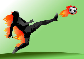 Naklejka premium Hot soccer ball on the speed in fires flame