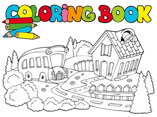 Coloring book with school and bus