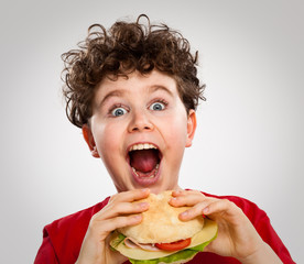 Boy eating big sandwich