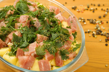 Dish of potatoes and meat