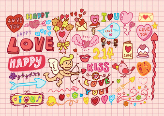 Fototapeta premium Hand-drawn cartoon romantic set in vector