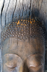 A face sculpted from tree bark