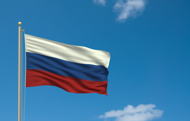 Flag of Russia waving in the wind in front of blue sky