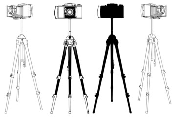 Old Photographic Camera On Tripod Vector 04