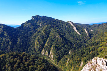 View of forest covered mountains and river below
