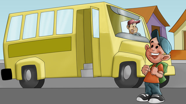 little boy and schoolbus