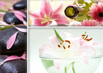 A collage of spa treatment images with flowers and lava stones