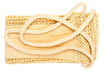 Natural textile bath sponge with rope handle
