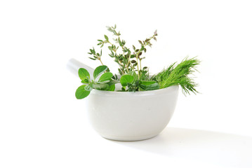 Fresh Dill, Oregano and Thyme in a mortar and pestle