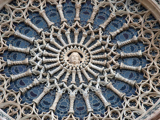 Closeup view of rose window. Facade of Orvieto Duomo, Umbria