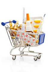 Parmacy. Shopping Cart full with different medical supplies