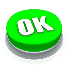 OK round button 3d. Isolated on white.