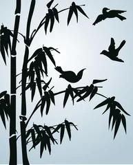 Papier Peint photo Oiseaux dans la forêt bambou noir et petits oiseaux