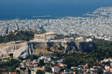 View of Acropolis from Lykavittos hill - highest point of Athens