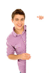 Young man holding blank paper