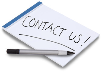 Notepad isolated with handwritten Contact Us and a pen