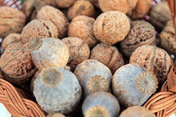 A pile of walnuts and poppy