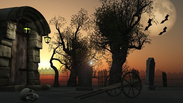 Die tiefstehende Sonne scheint auf den Friedhof