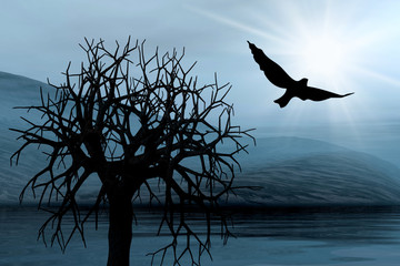 Tree and bird. Misty light in skies