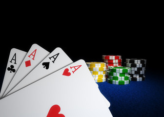 Four Aces and Poker Chips on blue felt