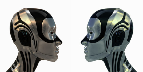 Metal futuristic robotic heads