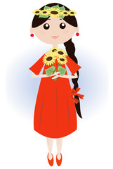 Obraz na płótnie Canvas Girl with sunflowers in the red dress