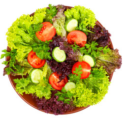 Top view of plate with fresh vegetables isolated on white
