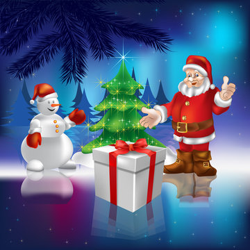 Santa Claus with gift and snowman in the woods
