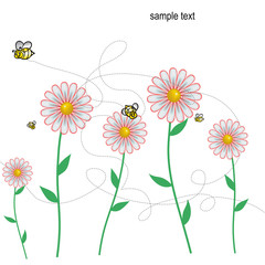 colorful DAISIES meadow with bees background, vector