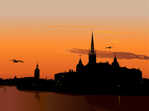 Silhouette of Stockholm at sunset