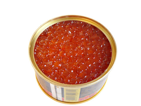 Open a bank with red caviar, isolated on white