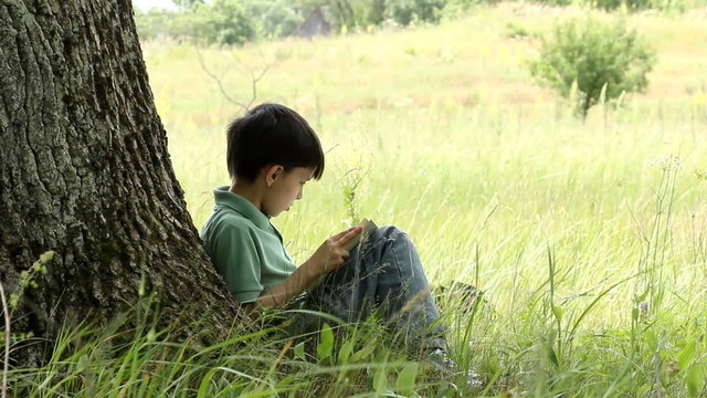 boy reads  book,  nature, summer,  green grass