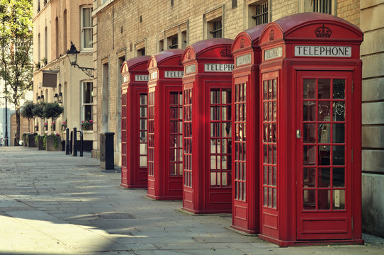 Traditional old style UK red phone boxes in London.
