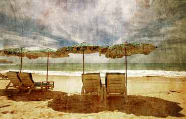 Tropical beach in grunge and retro style